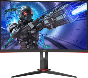 a computer monitor with a gun and a robot on the screen