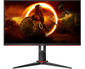 a computer screen with a picture of a man holding a shield and a sword