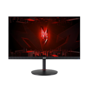 a computer monitor with a red logo on it