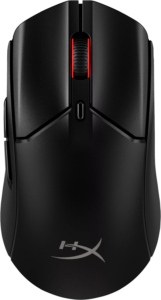 a black computer mouse with red accents