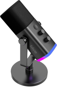 a black and silver microphone with a blue and pink light