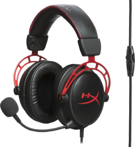a black and red headphones with a microphone