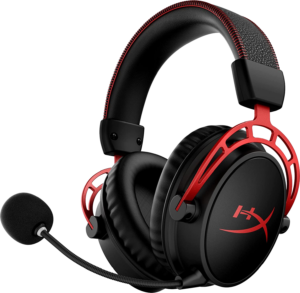 a black and red headphones with a microphone