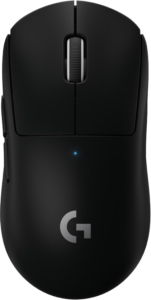 a black computer mouse with a blue light
