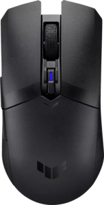 a black computer mouse with a blue light