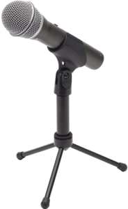 a black microphone on a tripod