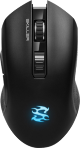 a black computer mouse with a blue light